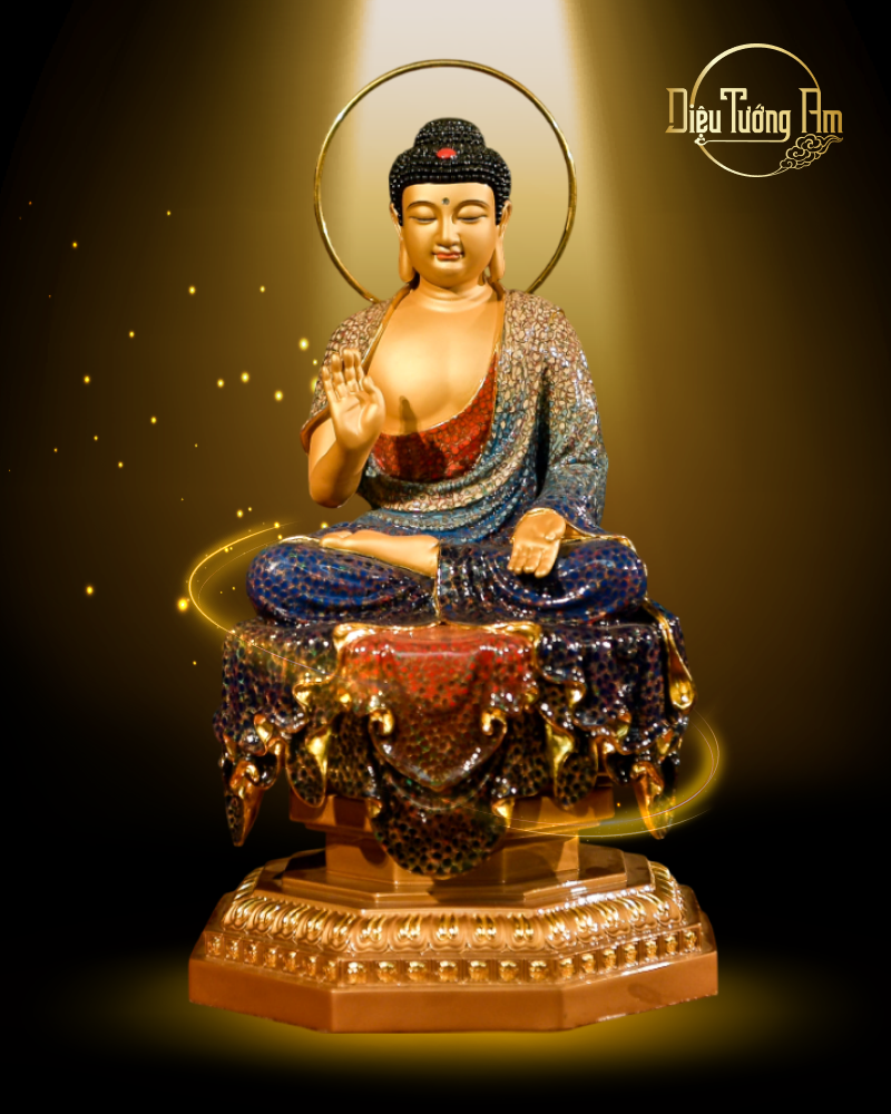 TƯỢNG PHẬT BỔN SƯ BỐI QUANG TỌA ĐÀI BÁT GIÁC -  ĐỒNG VẼ MÀU - 38CM