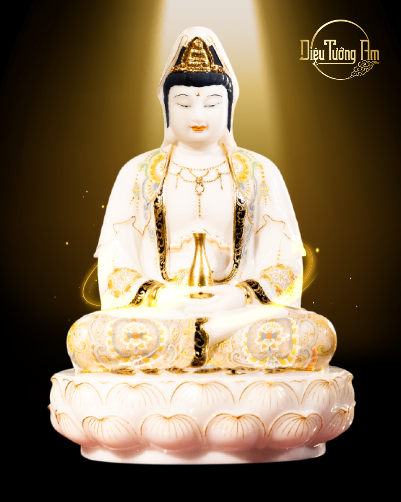 TƯỢNG QUÁN THẾ ÂM BỒ TÁT TRÌ BÌNH TỊNH THỦY - HÁN BẠCH NGỌC VẼ MÀU - 41CM 641BTB041-01