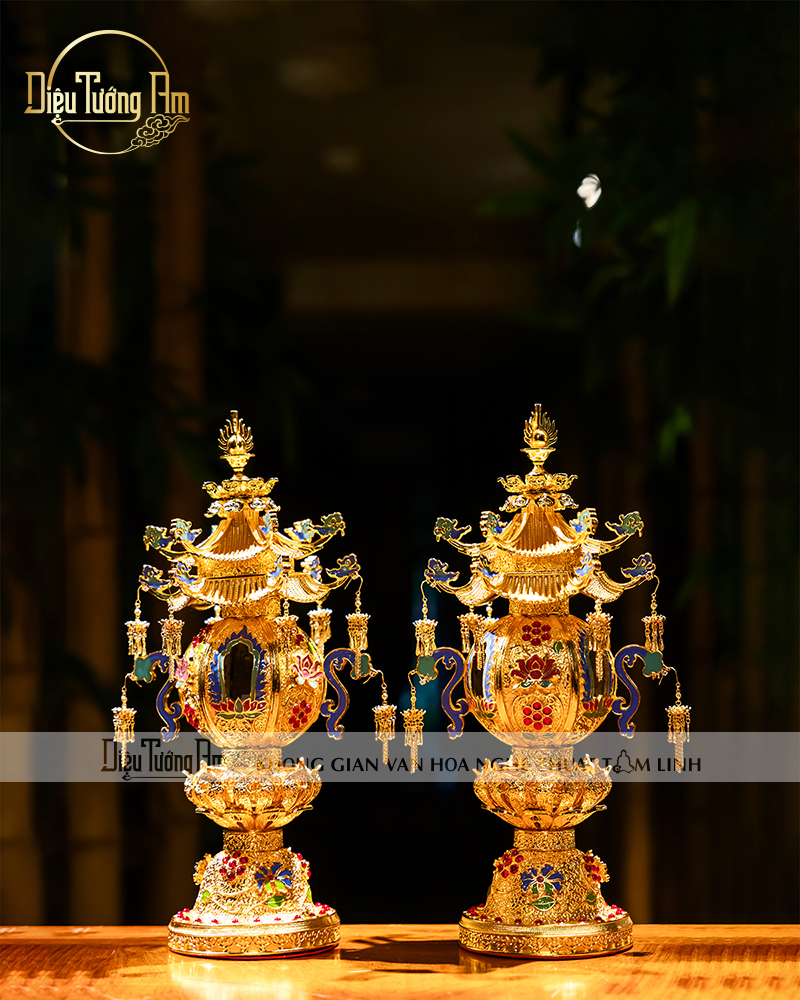 CẶP ĐÈN THÁI HỌA KIM SẮC NHỊ TẦNG LIÊN HOA SONG ĐĂNG 42CM 259BDD042-03